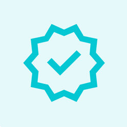 Data integrity icon. Green check mark within a star, representing security.