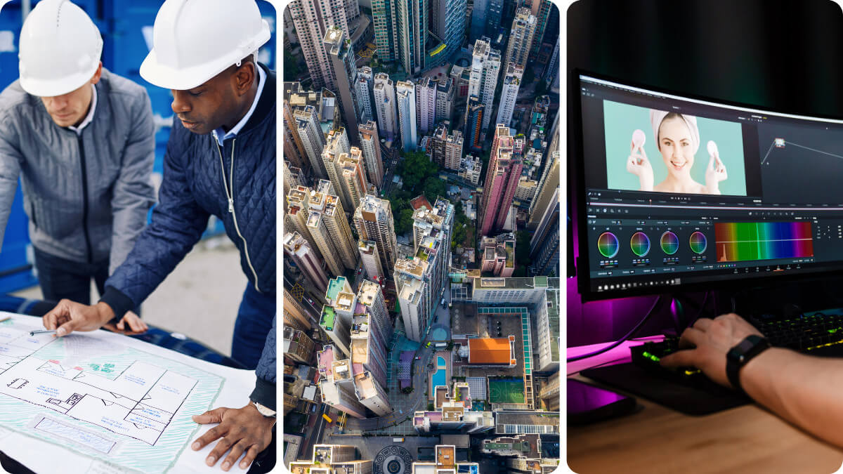 Diverse industries collage: Construction engineers, city skyline, video editor. Industries solutions.