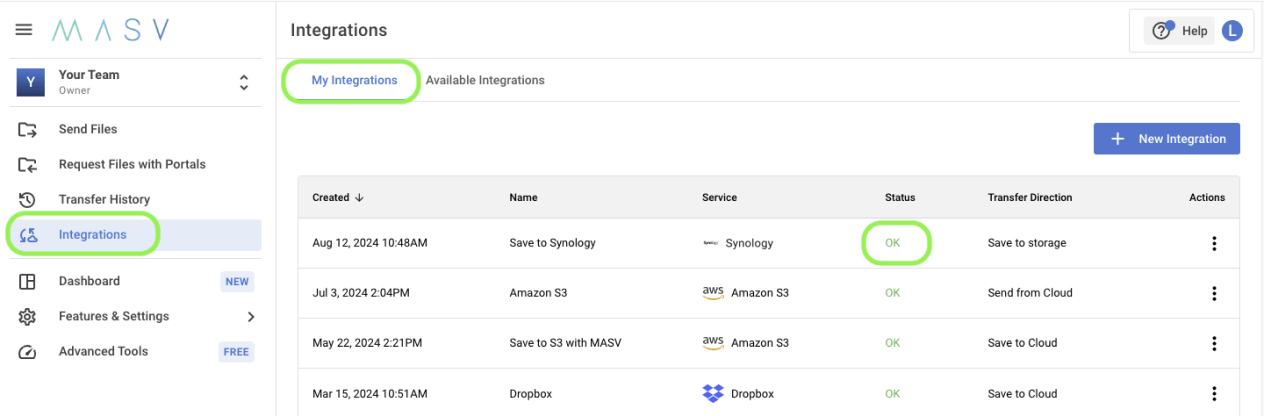 MASV integrations dashboard. View connected services like Synology, Amazon S3, and Dropbox. Check transfer status and direction.