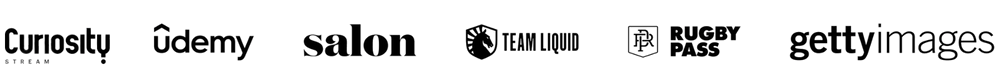 Customer logos including Curiosity Stream, Udemy, Salon, Team Liquid, Rugby Pass, Gettyimages