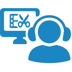 Blue icon of video editor with headset. Editing team, video production.