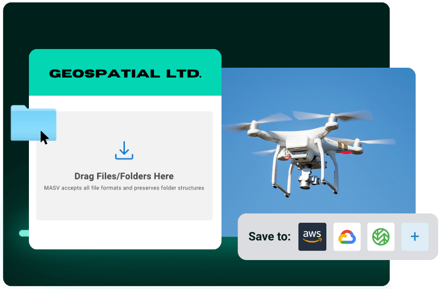 Geospatial fiel transfer with an image of a drone and saving files to AWS, Google Cloud, Wasabi, and more