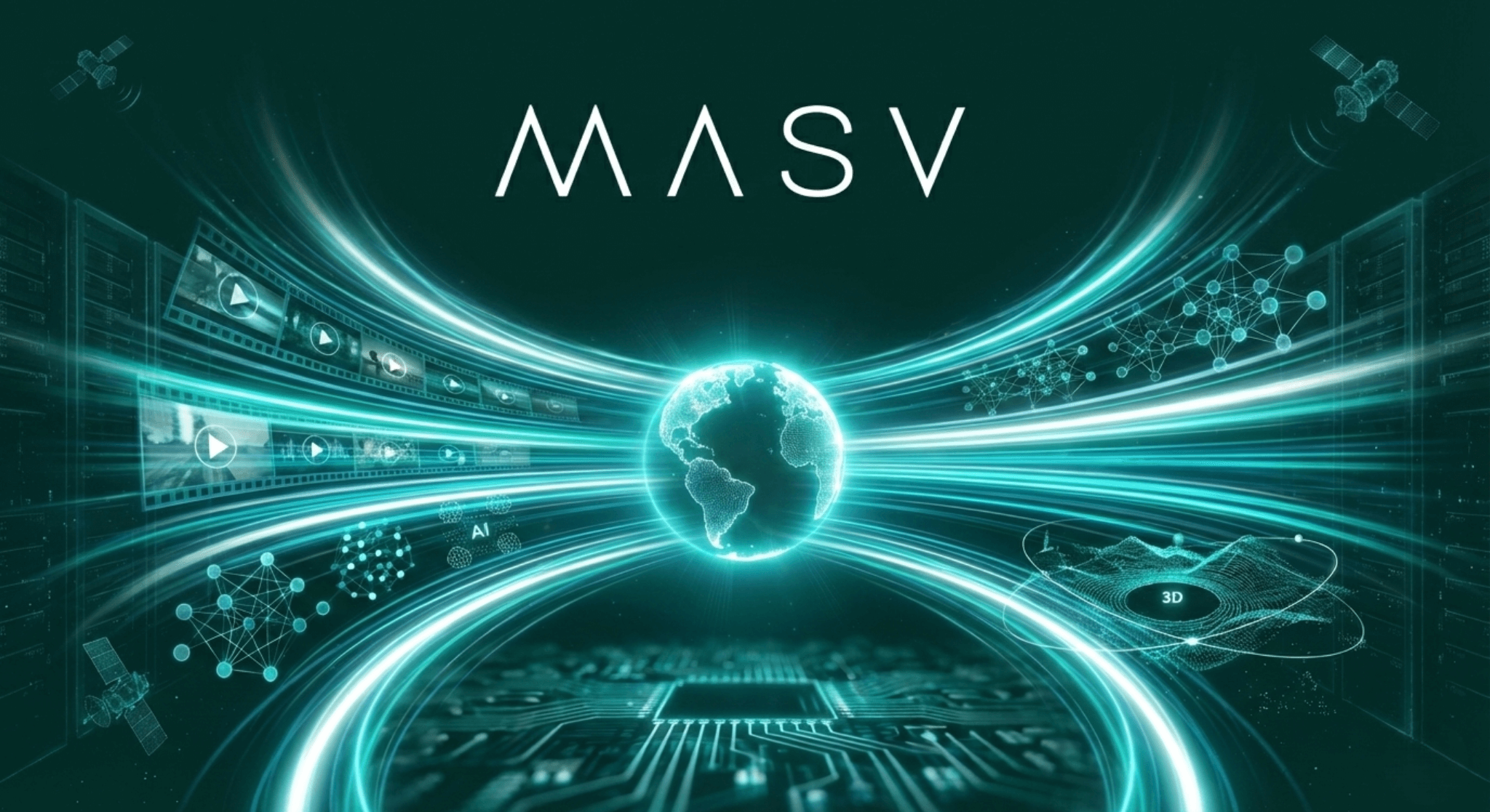 MASV speed hero image: Global data transfer with AI, 3D, server, and satellite technologies. Fast and secure file sharing.