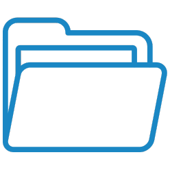 Blue line art icon of an open file folder for organizing digital documents and data.