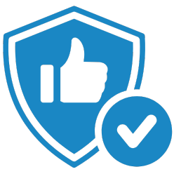 Reliable managed file transfer icon: blue shield, thumbs up, and checkmark. Secure and dependable MFT solution.