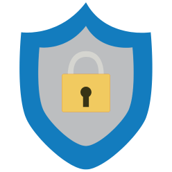 Secure and encrypted shield icon. Golden padlock on a blue shield, representing data protection and cybersecurity.