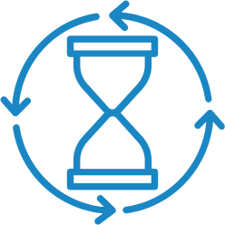 Blue hourglass with circular arrows. Time management, wasted time, or deadline concept.