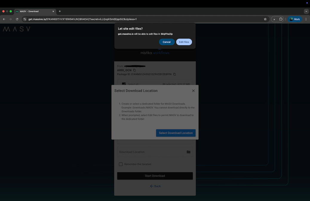 MASV zipless browser download interface. Select download location and edit files for large file transfers.